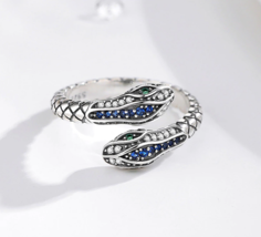Exquisite 925 Sterling Silver Inlaid Zircon Retro Texture Adjustable Snake Ring - £47.20 GBP