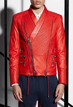 New Leather Fancy Men Jacket Motorcycle Festive Stylish Halloween Lambskin Red - £88.29 GBP