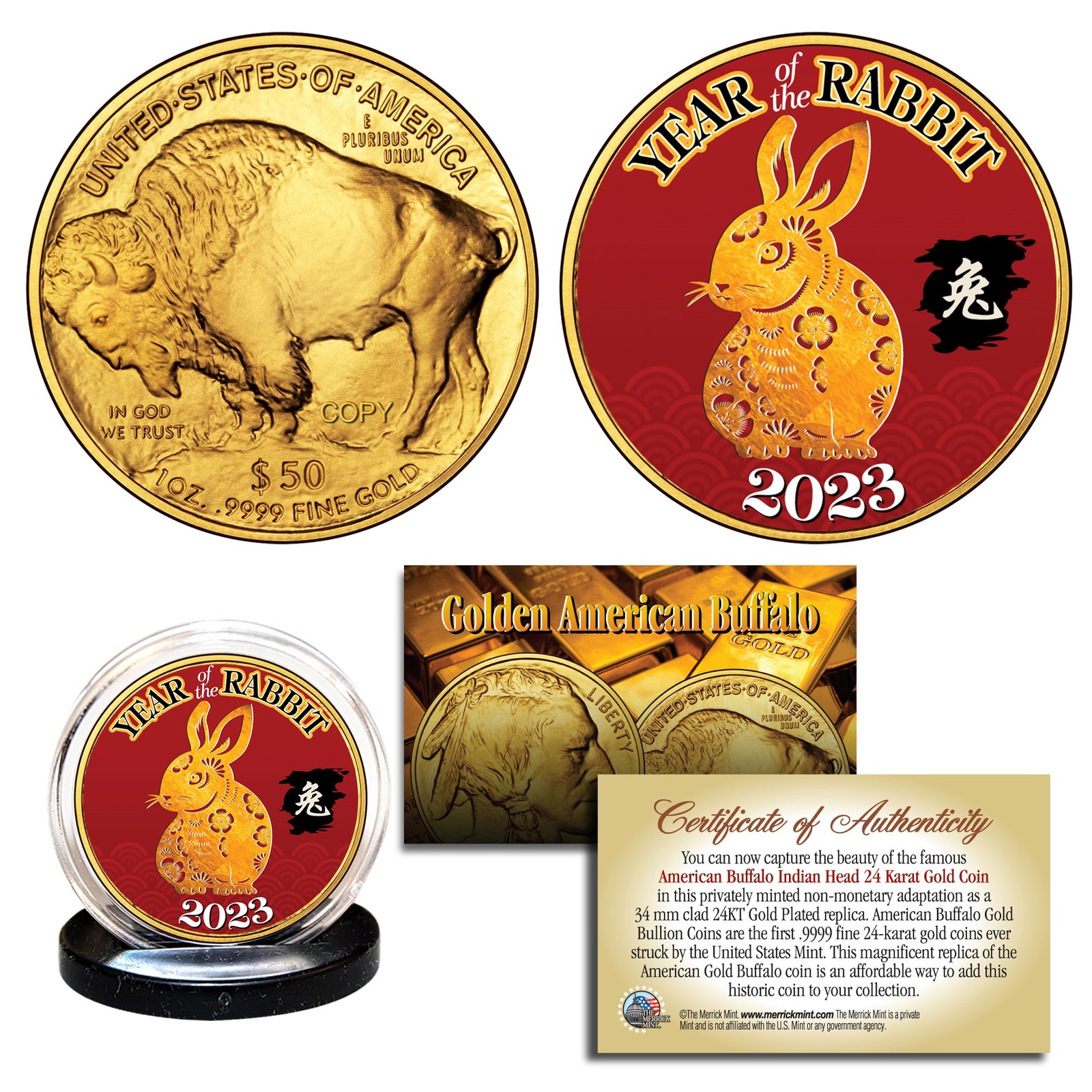 Primary image for 2023 Lunar New YEAR OF RABBIT 24K Gold Clad $50 American Buffalo Tribute Coin