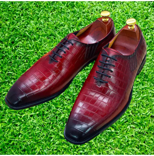 New Burgundy Alligator Textured Formal Handmade Lace Up Office Shoes For... - $149.99