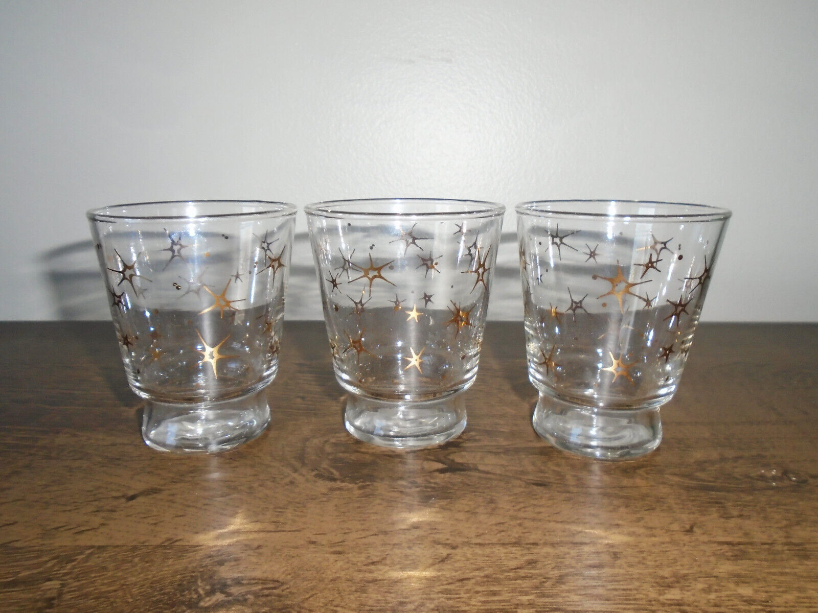 Primary image for Libbey Cocktail Footed Glasses Mid Century Gold Atomic Starburst Barware 1960s
