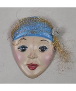 Vintage 1980s Gypsy Ceramic Woman Brooch Pin 2.25 Inch Blue Scarf Wrap - $7.00