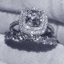 4Ct Cushion Diamond Halo Bridal Set Engagement Ring 14K White Gold-Plated - £95.69 GBP