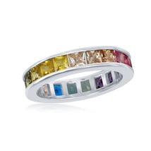 Sterling Silver Channel Set Rainbow CZ Eternity Band Ring - £38.20 GBP