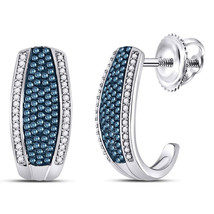 10kt White Gold Womens Round Blue Color Enhanced Diamond Half J Hoop Earrings - £526.02 GBP