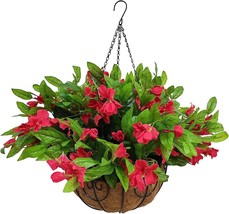 Faux Hanging Plant Silk Azalea In Basket Faux Flower Arrangement For Garden Yard - £41.39 GBP