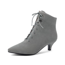  Autumn New Breathable Black Apricot Women Ankle Boots Lace up Med Spike Heels L - £54.63 GBP