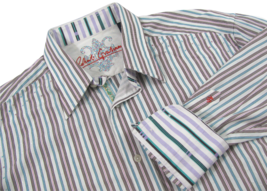 Robert Graham Striped Shirt Large Flip Cuff White Brown Blue Embroidered Dot Men - £19.32 GBP