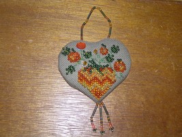 Estate Handmade Orange Yellow &amp; Green Beaded Fabric Heart with Halloween... - $10.39