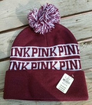 Victorias Secret Knit Hat Pom Pom Beanie Gift Burgundy PINK Logo Toque O... - $14.38