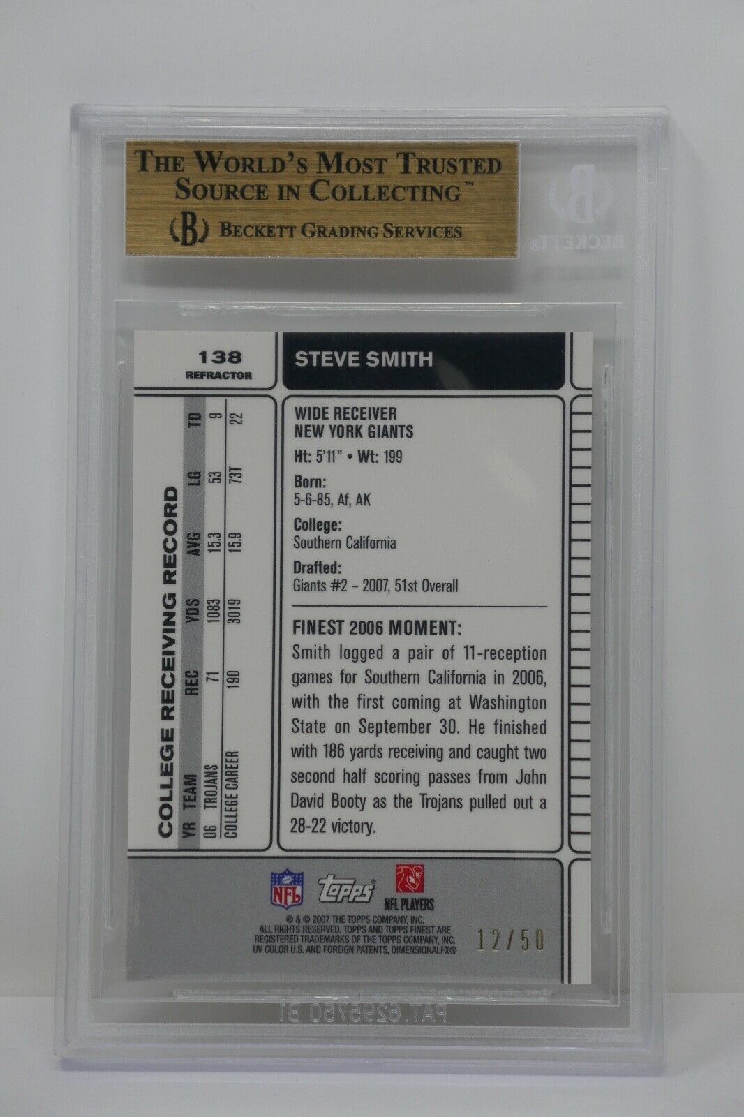 2007 Finest Gold Refractors #138 Steve Smith/50 Rookie Beckett 10 PRISTINE Item image 4