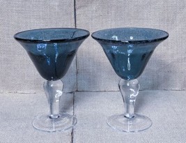 Set Of Two Hand Blown Glass Dusty Slate Blue Martini Set Controlled Bubbles - $29.70