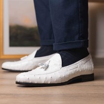 Aubiere Genuine Ostrich Quill Loafers Tassel Shoes White image 11
