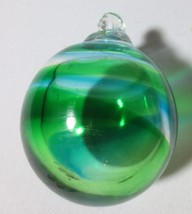 2 1/2&quot; Heavy Hand Blown Round Green &amp; Blue Art Glass Christmas Ornament - £19.98 GBP