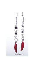 Earrings Painted Red Feather Charm Metallic Silver Beads  2&quot; long Sterling Hook - £7.88 GBP