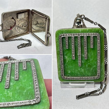 Art Deco Compact Wrist-let Rhinestone Faux Jade Mirrored Lipstick Powder... - $197.95