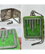 Art Deco Compact Wrist-let Rhinestone Faux Jade Mirrored Lipstick Powder Box - $197.95
