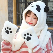 Fluffy Animal Themed Plush Handwarmer Scarf Hat Combo | Fleece Mittens - PANDA - £38.54 GBP