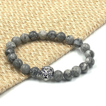 Natural Map Stone &amp; Lion 8 mm Bead 7.5&quot; Stretch Bracelet TSB-17 - £9.30 GBP