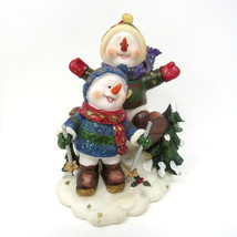 2 Snowmen Skiing Playing Snow Resin People Carrot Noses Perfect 6&quot;x 6&quot; Christmas - £14.74 GBP