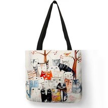 Design Cute Kawaii Anime Cat Print Linen Tote Bag Women Fashion Handbags School  - £15.19 GBP