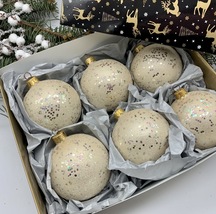 Set of 6 white with silver glitter Christmas glass balls, hand painted o... - £55.83 GBP