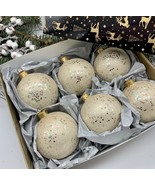 Set of 6 white with silver glitter Christmas glass balls, hand painted o... - $71.25