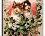 Adorable Cats Kittens Mistletoe Christmas Greetings Embossed DB Postcard... - $5.89