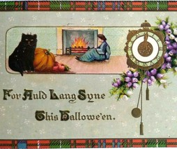 Patchwork Border Black Cat Fireplace Clock Germany Ser 2401 Halloween Postcard  - £33.59 GBP