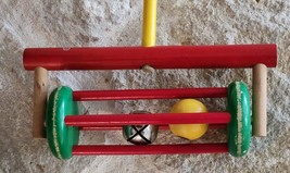 Vintage  Wooden Toddler Push Toy with Ball and Bell Red yellow green  - £27.07 GBP