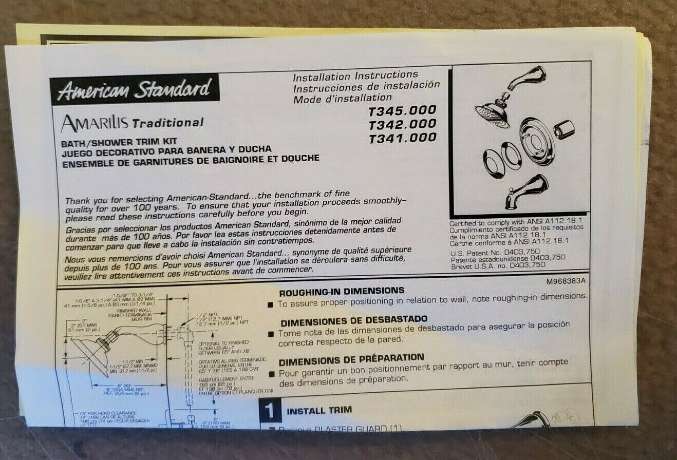 American Standard T345000.295 Amarailis Traditional Bath/Shower Trim Kit... - $178.20