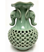 Vintage Korean Porcelain Vase Elephant Handles Celadon Sage Green 9&quot; - $80.99