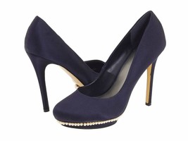 Rsvp Navy Blue Satin And Pearls Platform Shoes Size: 11 Us Leather Sole - £104.54 GBP
