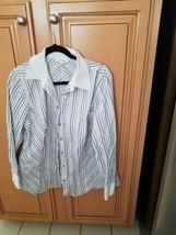 Dressbarn Women&#39;s Long Sleeve Fitted Shades of Gray Striped Blouse, Size... - $15.00