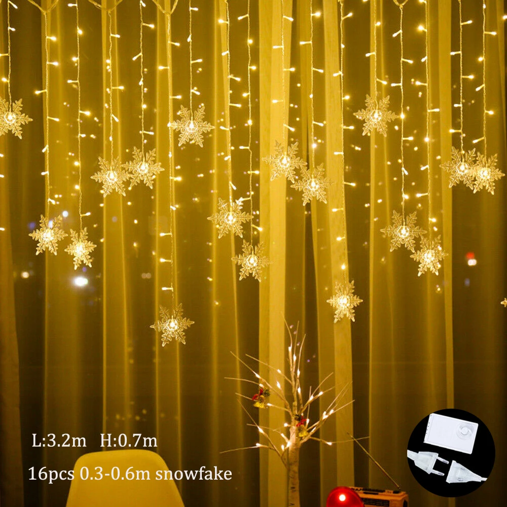 Indoor Outdoor Christmas Snowflake LED String Light Flashing Fairy Lights Curtai - £62.37 GBP