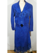 VTG Leather City 2 Piece Blue Leather Fringe Jacket and Wrap Skirt Midi - £119.54 GBP