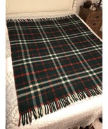 Vintage Plaid Wool Blanket Green with Red &amp; White Accents Original Carry... - £32.89 GBP