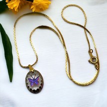 Vintage Butterfly Necklace Crystal Iridescent Intaglio Oval Pendant Gold... - £14.92 GBP