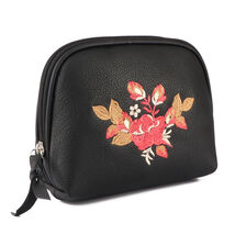 Women's Black Leather Floral Embroidered Zippered Makeup Cosmetic Bag 18... - $29.99
