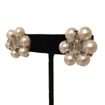 AB Crystal Cluster Bead Earrings MCM Clip On Japan Faux Pearl Aurora Bor... - $12.85
