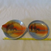 2 Hand Painted Dish &amp; Plate - Orange &amp; Blue Landscape w/ Trees - Made in... - $7.59