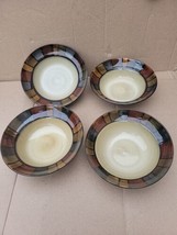 4 Pier 1 Mosaic Soup Cereal Bowls 8.5&quot; Block Colors Rim Hand Painted Stoneware  - £33.31 GBP