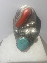Navajo ring turquoise coral band sterling silver women men Size 10.75 - £146.40 GBP