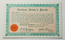 1941 Gag Gift Card &quot;Reckless Driver&#39;s Permit&quot; Exhibit Supply Co Chicago PB172 - £6.33 GBP
