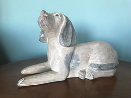Antique Vintage Hand Carved Wood Dog White Washed Painted - $74.25