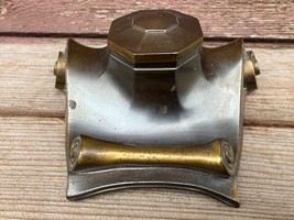 Antique Brass Inkwell &amp; Pen Rest Scroll Art Nouveau Bronze Finish W Glass Insert - £38.96 GBP