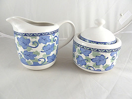 Blue Isle Creamer &amp; Sugar Bowl Pfaltzgraff  Blue and green leaves on white - $24.74