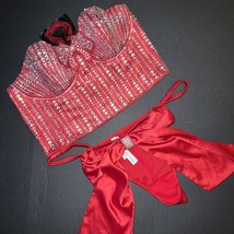 Victoria&#39;s Secret longline L BRA BUSTIER SET+L,XL bow thong RED crystallized - $138.59