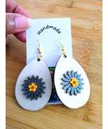 Wood, Non allergic, boho button earrings with a yellow flower, Gift for her - $184.04 MXN