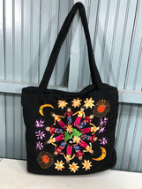 Children Of The World Black Cloth Embroidered Zip Tote Carry Bag Well Used - $11.82